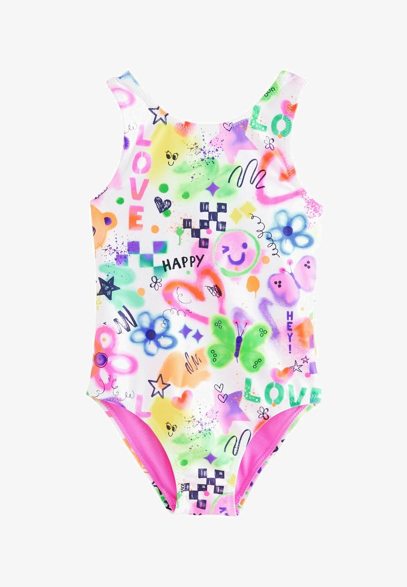 Multicolored one-piece swimsuit with a floral, butterfly, and smiley face pattern. Features a white base and pink accents on the sides.