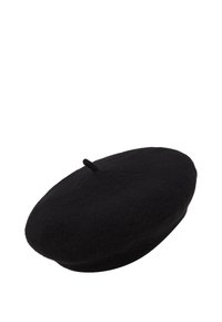 Must ja villast beret, millel on ümmargune kuju, väikese nööbikesega, pehme tekstuur ja sile viimistlus. Ideaalne erinevate pea jaoks.