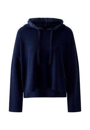 Sweat à capuche court bleu marine à manches longues, avec capuche à cordon de serrage et coupe décontractée sur fond blanc.