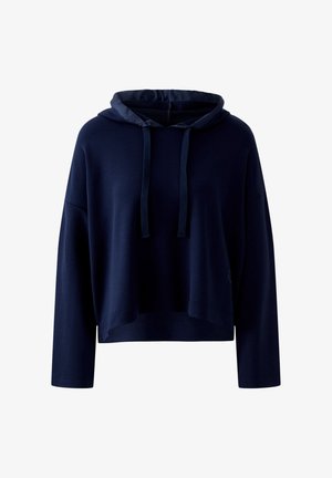 Marineblauer, kurz geschnittener Hoodie mit langen Ärmeln, Kordelzugkapuze und lockerem Schnitt vor weißem Hintergrund.