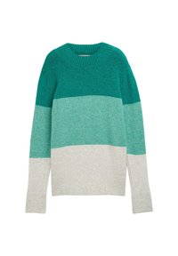 Türkis und helltürkis gestreifter Pullover mit ribbeltem Rundhalsausschnitt und Bündchen. Der untere Abschnitt ist hellgrau und hat eine weiche Textur.