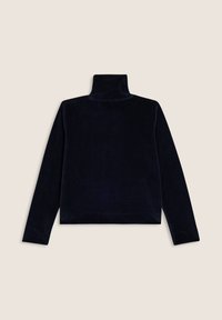 Maglione a collo alto blu navy con una texture morbida e vellutata; presenta maniche lunghe e un colletto alto, rifinito con un orlo dritto.