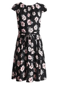 Czarna sukienka z krótkimi rękawami typu „cap sleeves”, ozdobiona różowo-białym kwiatowym wzorem z kropkami. Zawiązywana w talii.