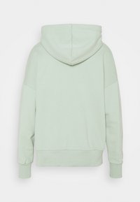 Sudadera con capucha de color verde claro, con una amplia capucha, mangas raglán, puños y dobladillo acanalados; presenta una textura suave y lisa.