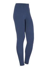 Mörkblå leggings gjorda av ett elastiskt material, med en smidig textur och en åtsittande design som smalnar av vid anklarna.