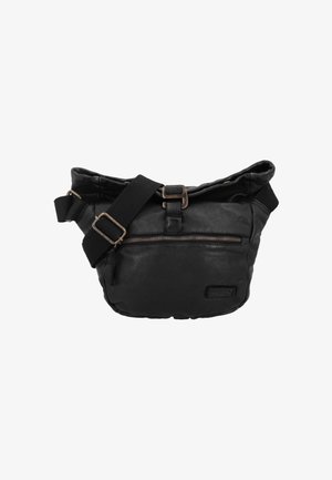 Black leather bag with a curved shape, adjustable strap, zipper pocket, and detailed hardware accents. Textured finish, casual design.