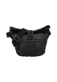 Black leather bag with a curved shape, adjustable strap, zipper pocket, and detailed hardware accents. Textured finish, casual design.