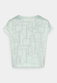 Ανοιχτό πράσινο τοπ με κοντά μανίκια και γεωμετρικό σχέδιο σε πιο σκούρο πράσινο χρώμα. Μαλακό ύφασμα με άνετη, κοντή εφαρμογή.