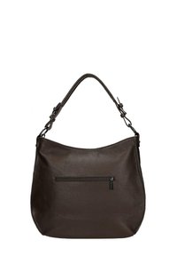Donkerbruin textuurleer schoudertas met een verstelbare band en een buitenzak met rits aan de voorkant.