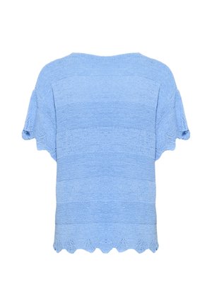 Helles blaues kurzärmliges Strickoberteil mit horizontalen Streifen, gewelltem Saum und strukturiertem Stoff. Weiches, lässiges Design, das sich gut für warmes Wetter eignet.