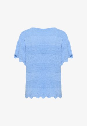 Lysblå kortærmet striktop med vandrette striber, bølget kant og tekstureret stof. Blødt, afslappet design velegnet til varmt vejr.