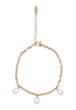 Bransoletka ze złotym łańcuszkiem z trzema małymi przezroczystymi zawieszkami w kształcie kropli i zapięciem typu karabińczyk z regulowanym łańcuszkiem.