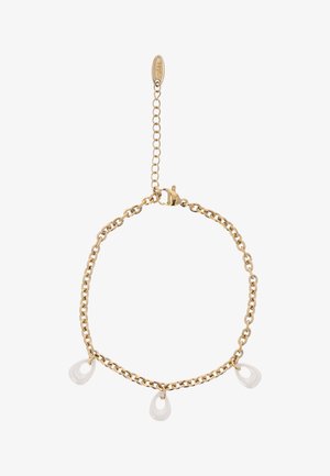 Bransoletka ze złotym łańcuszkiem z trzema małymi przezroczystymi zawieszkami w kształcie kropli i zapięciem typu karabińczyk z regulowanym łańcuszkiem.