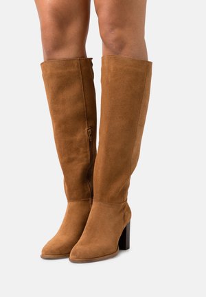 Stivali alti in suede marrone con tacco a blocco, caratterizzati da una zip laterale e una texture liscia. Progettati per una silhouette aderente.