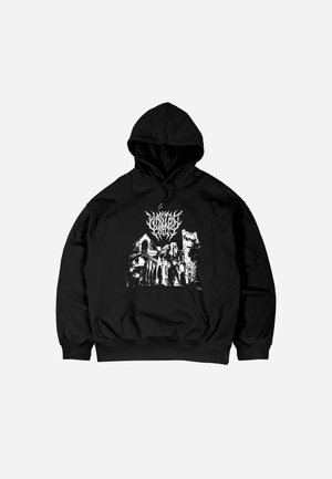 Black hooded sweatshirt featuring a large white graphic of a gothic building design on the front, with a front pouch pocket and drawstring hood.