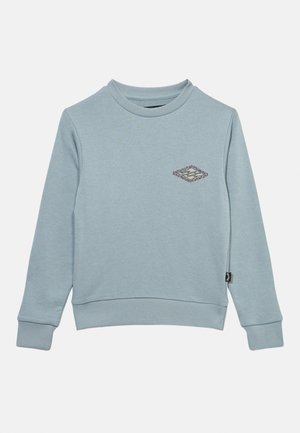 Sweat-shirt bleu clair à manches longues avec col rond, poignets et ourlet côtelés, arborant un petit logo en diamant à motifs sur la poitrine gauche.