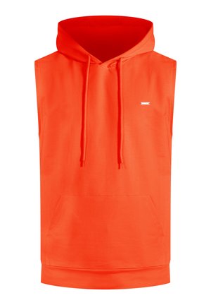 Orange sleeveless hooded sweatshirt with drawstrings, front kangaroo pocket, and small logo detail on the chest. Smooth fabric.