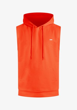 Orange ärmellose Kapuzenjacke mit Kordelzügen, vordertasche im Kängurustil und kleinem Logodetail auf der Brust. Glattes Material.
