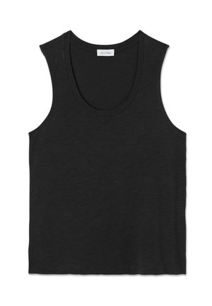 Zwarte mouwloze tanktop met een ronde hals, gemaakt van lichtgewicht stof met een gladde textuur en een subtiele gemêleerde patroon.