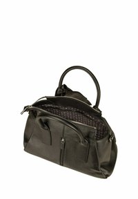 Black leather handbag with two handles, zippered main compartment open to patterned fabric interior, small external vertical zipper pocket.