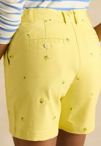 Dzelteni šorti no viegla auduma ar izšūtiem citrona rakstiem. Aizmugurējās kabatas ar pogu detaļām, plakanas jostas vieta.