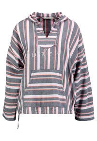 Gestreifter Kapuzenpullover in Grau, Pink und Weiß. Verfügt über einen V-Ausschnitt, eine Fronttasche und einen verstellbaren Saum. Das Material scheint weich und leicht zu sein.