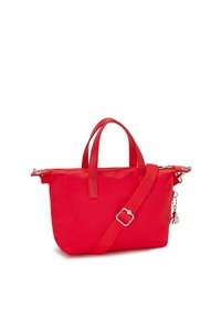 Borsa a mano rossa in nylon con doppi manici e tracolla removibile. Caratterizzata da accessori argentati e da un ciondolo decorativo sul lato.