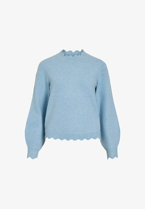 Pullover azzurro chiaro in maglia con scollatura e orlo a zigzag, maniche lunghe e dettagli testurizzati sui polsini e sul fondo.