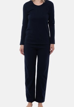 Dunkelblaues Langarmoberteil und passende Hose aus weicher Baumwolle. Das Shirt hat einen runden Ausschnitt; die Hose hat eine entspannte Passform.