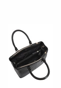 Zwarte leren schoudertas met dubbele handgrepen, een open top, gevoerde binnenkant en meerdere vakken. Voorzien van gouden rits hardware.