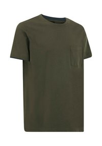 T-shirt verde oliva a maniche corte con collo rotondo e taschino sul petto. Realizzato in cotone con una texture liscia, presenta un colletto a contrasto.