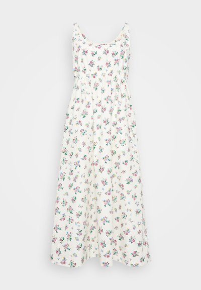 Gėlėta maksi ilgio suknelė su balta pagrindine spalva, visame paviršiuje spausdinti mažos rožinės ir žalios gėlės, apvalus iškirptė, elastinga juosmens linija.