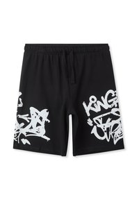 Shorts neri in morbido tessuto con grandi stampe grafiche bianche in stile graffiti su ciascun lato e una cintura elastica con cordino.