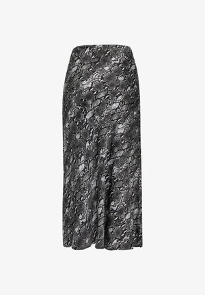 Schwarzer und grauer knielanger Rock mit Schlangenprint-Muster. Glatte Textur und taillierter Bund, fließender Stoff mit leicht ausgestelltem Saum.