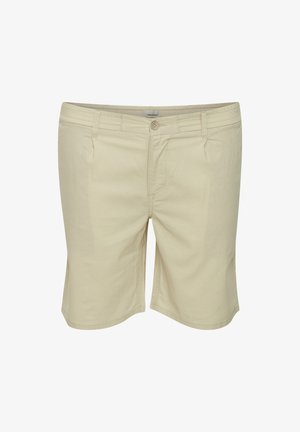 Beige Baumwoll-Shorts mit geradem Schnitt, Knopfverschluss, zwei Vordertaschen und dezenten Nähdetails.