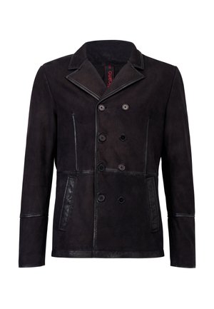 Sort læder dobbeltbrystet jakke med bred krave, knapper foran, sidelommer og kontrast syningsdetaljer. Glat tekstur.