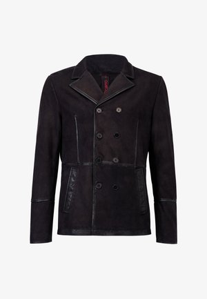 Sort læder dobbeltbrystet jakke med bred krave, knapper foran, sidelommer og kontrast syningsdetaljer. Glat tekstur.