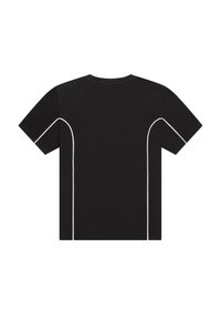 Schwarz, kurzärmliges T-Shirt mit weißen Akzentnähten entlang der Ärmel und Seiten; aus weichem Baumwollstoff mit klassischem Rundhalsausschnitt.