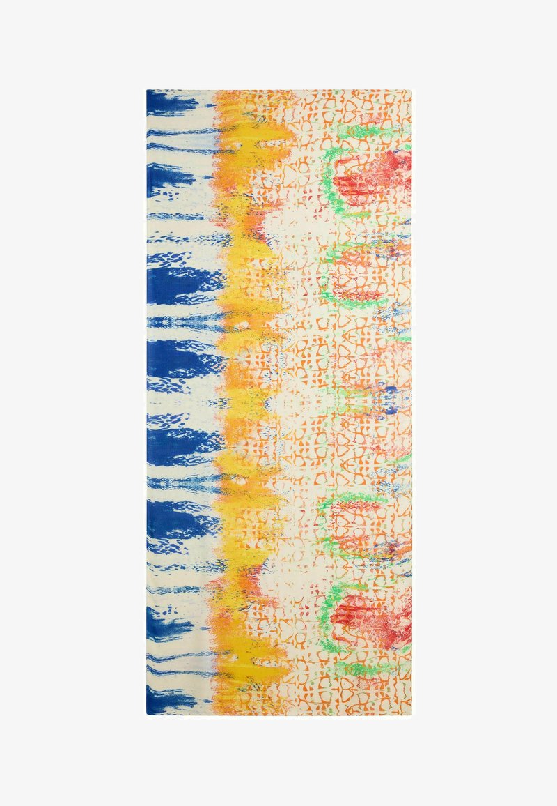 Tissu à motif abstrait avec des rayures verticales bleues à gauche, des stries centrales jaunes et oranges, et des motifs rouges et verts dispersés sur un fond crème.