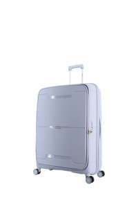 Light gray hard-shell suitcase with four spinner wheels and an extended telescopic handle, standing upright on a white background.