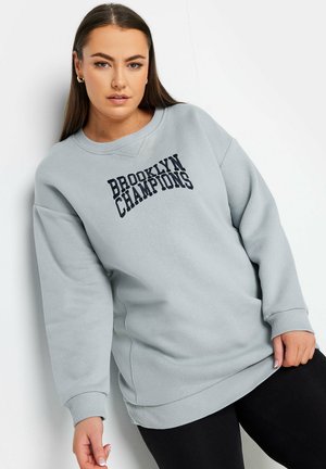 Lichtgrijze sweater met geribde manchetten en zoom, met de tekst "BROOKLYN CHAMPIONS" in donkerblauw. Zacht materiaal, ontspannen pasvorm.