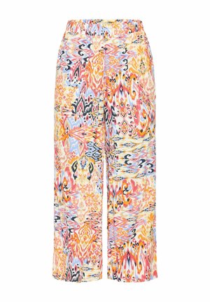 Pantaloni in tessuto leggero e fantasia, caratterizzati da un elastico in vita, disponibili in colori vivaci come rosa, arancione, giallo, blu e con disegni a spirale neri.