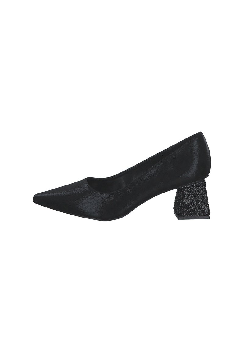 Black patent leather pump with a pointed toe and a textured, square block heel featuring a decorative pattern.
