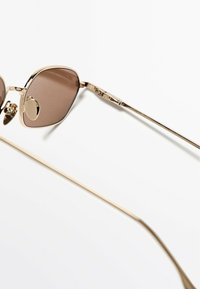 Occhiali da sole di colore marrone con montatura in metallo dorato, caratterizzati da una forma unica, linee eleganti e accenti distintivi sulle aste.