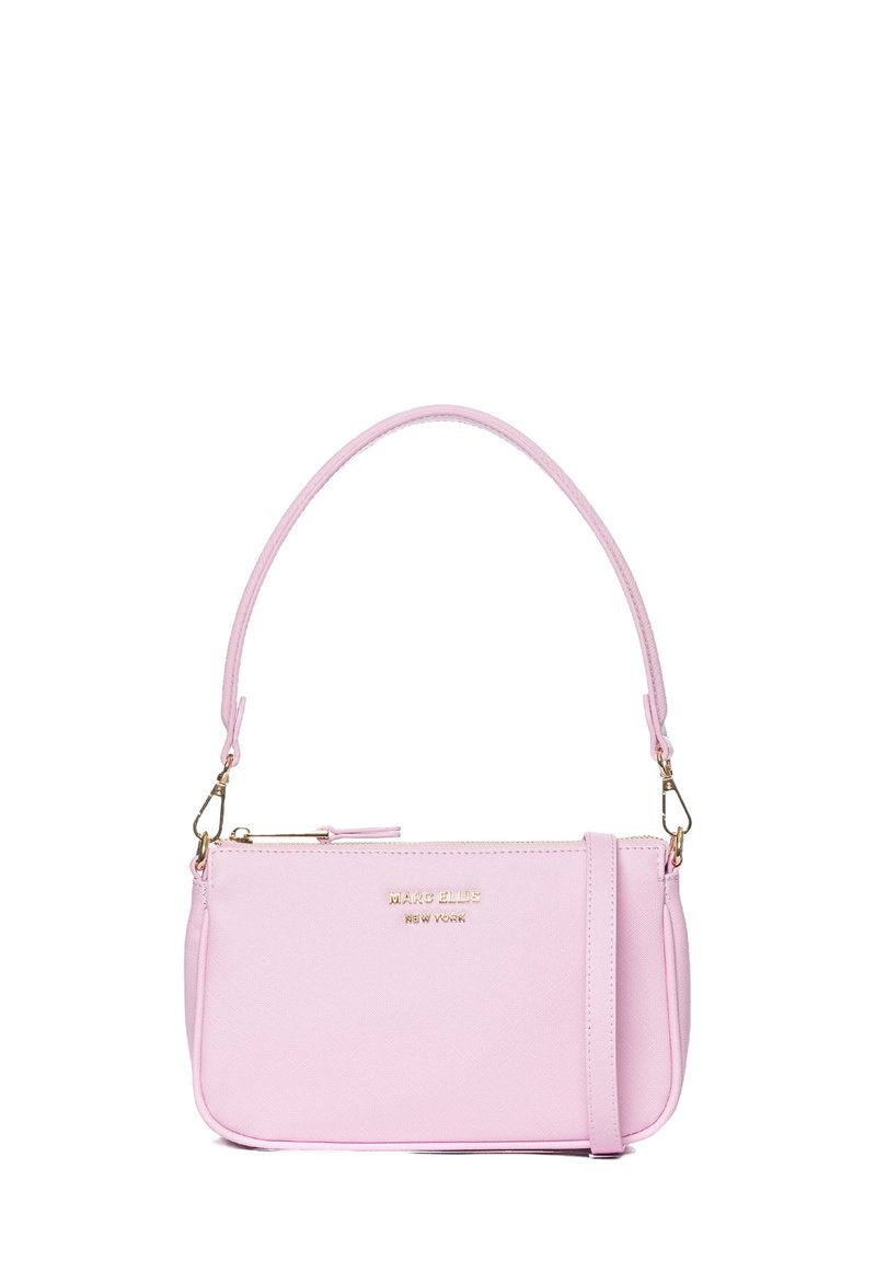 Borsa a tracolla sintetica rosa dal design minimalista, con un manico singolo e dettagli in oro. Chiusura con zip e tracolla staccabile inclusa.