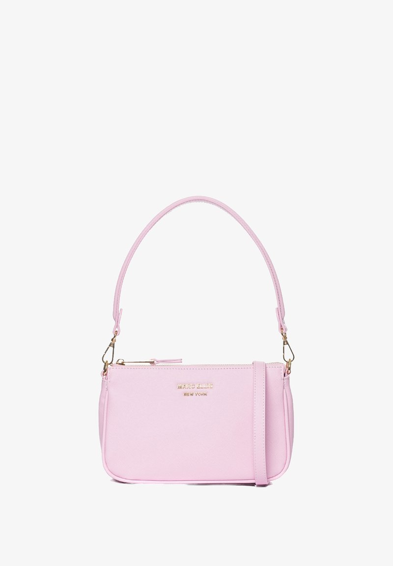 Sac à main synthétique rose au design minimaliste, doté d'une seule poignée et d'une marque en ton doré. Fermeture éclair et bandoulière amovible incluses.