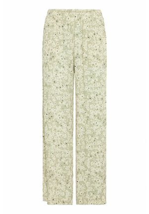 Svetlozeleni široki hlače s cvetnim printom, z elastičnim pasom in razpršenimi črnimi akcenti po tkanini. Mehka tekstura.