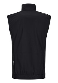 Schwarze ärmellose Weste mit hohem Kragen, aus glattem Stoff gefertigt. Verfügt über einen geschwungenen Saum, Details am Saum und ein Logo in der Nähe der Schulter.