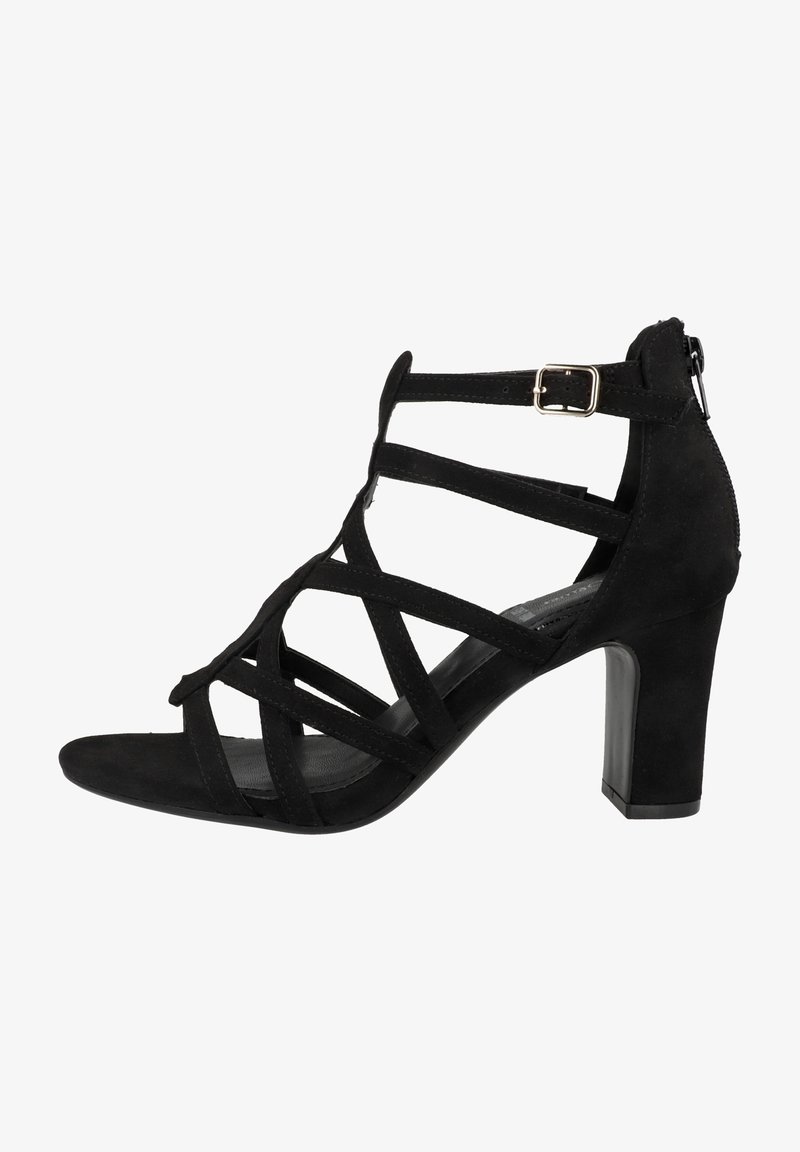 Sandale femme en daim noir avec talon bloc, multiples fines brides, boucle à la cheville et fermeture éclair au dos.