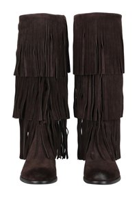 Brown suede knee-high boots featuring long fringe across the upper, with a rounded toe and a sleek black sole.